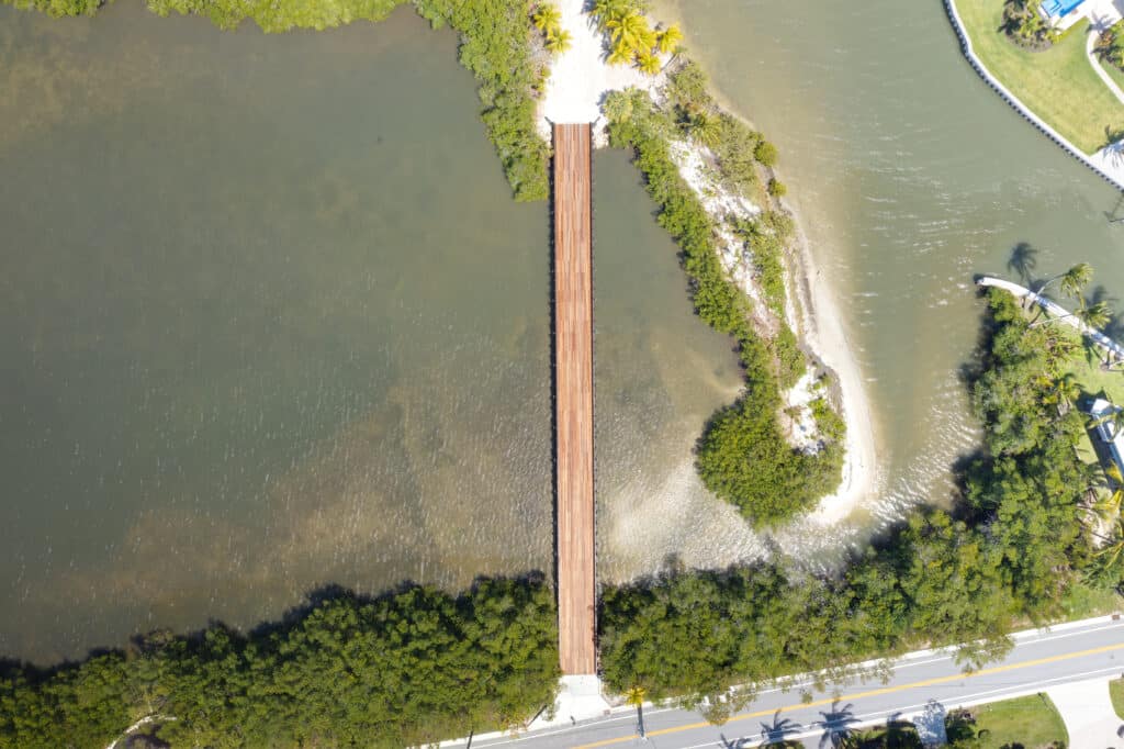 Direct overhead shot of the Mandalay 2-lane timber vehicular bridge project in Southern Florida