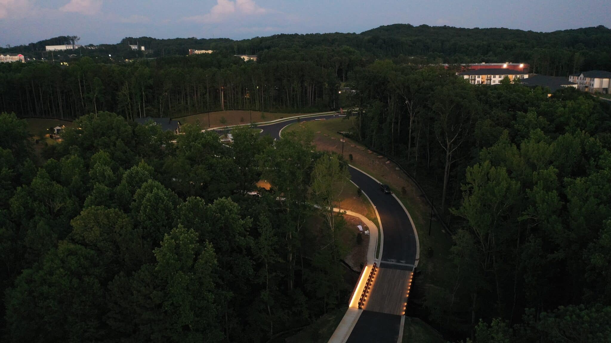 Elan Sweetwater Creek timber bridge panoramic night shot in Lithia Springs, GA