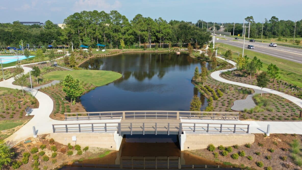 NFCU aerial shot of pedestrian bridge