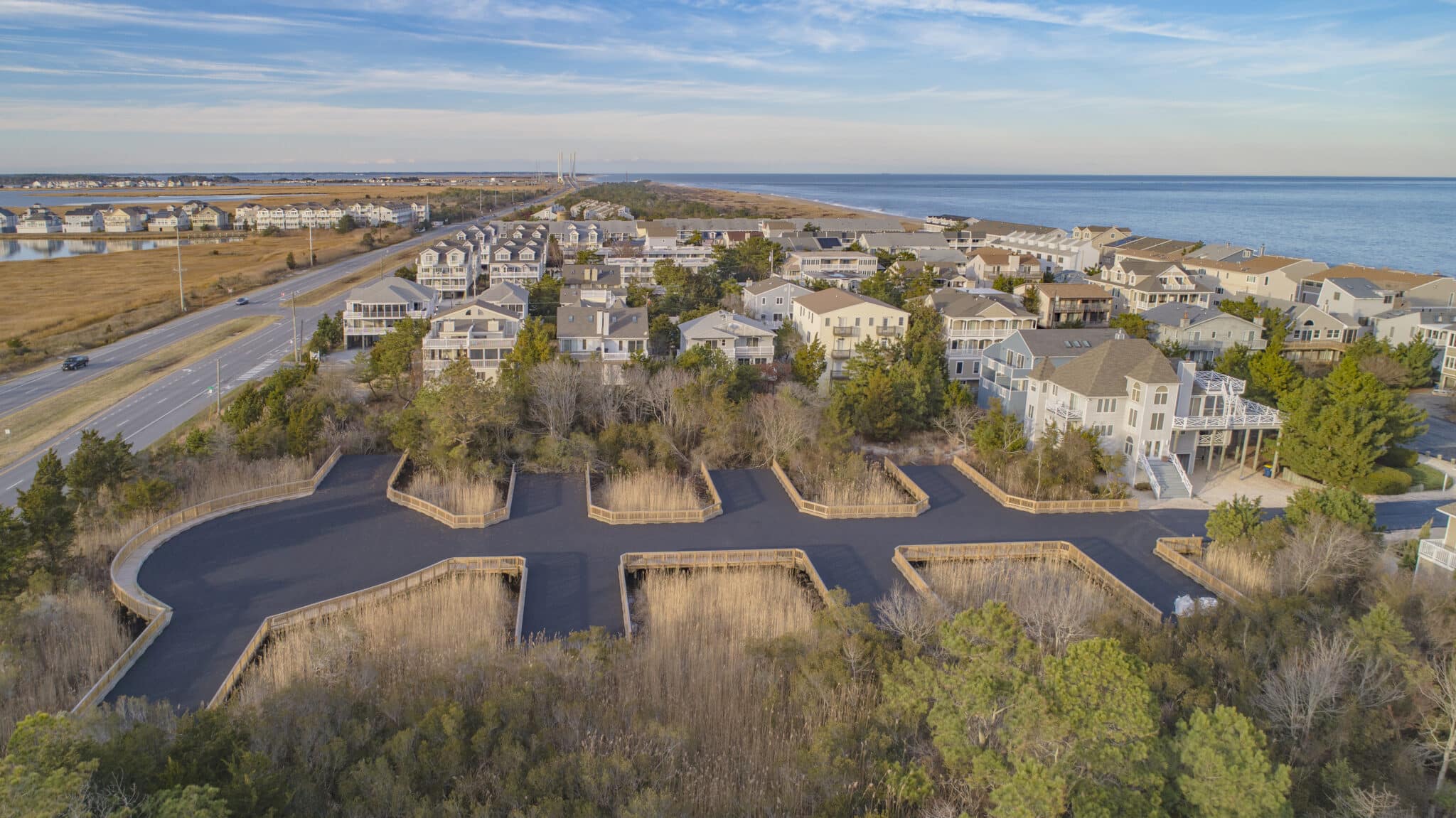 Breakwater Beach aerial shot with Atlantic Ocean in background.