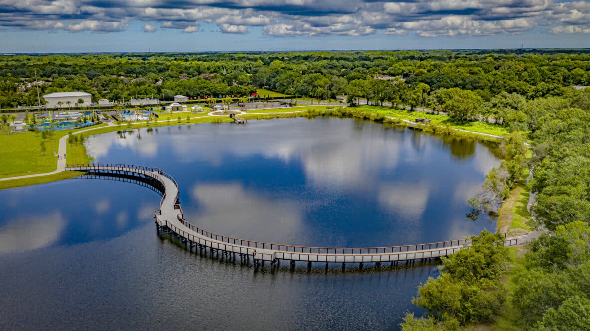 Aerial View of Carrollwood Village Park Pedestrian Bridge in Tampa, FL