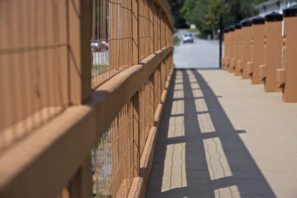 Pedestrian section of the vehicular timber bridge at Keystone College in La Plume, PA crafted by York Bridge Concepts