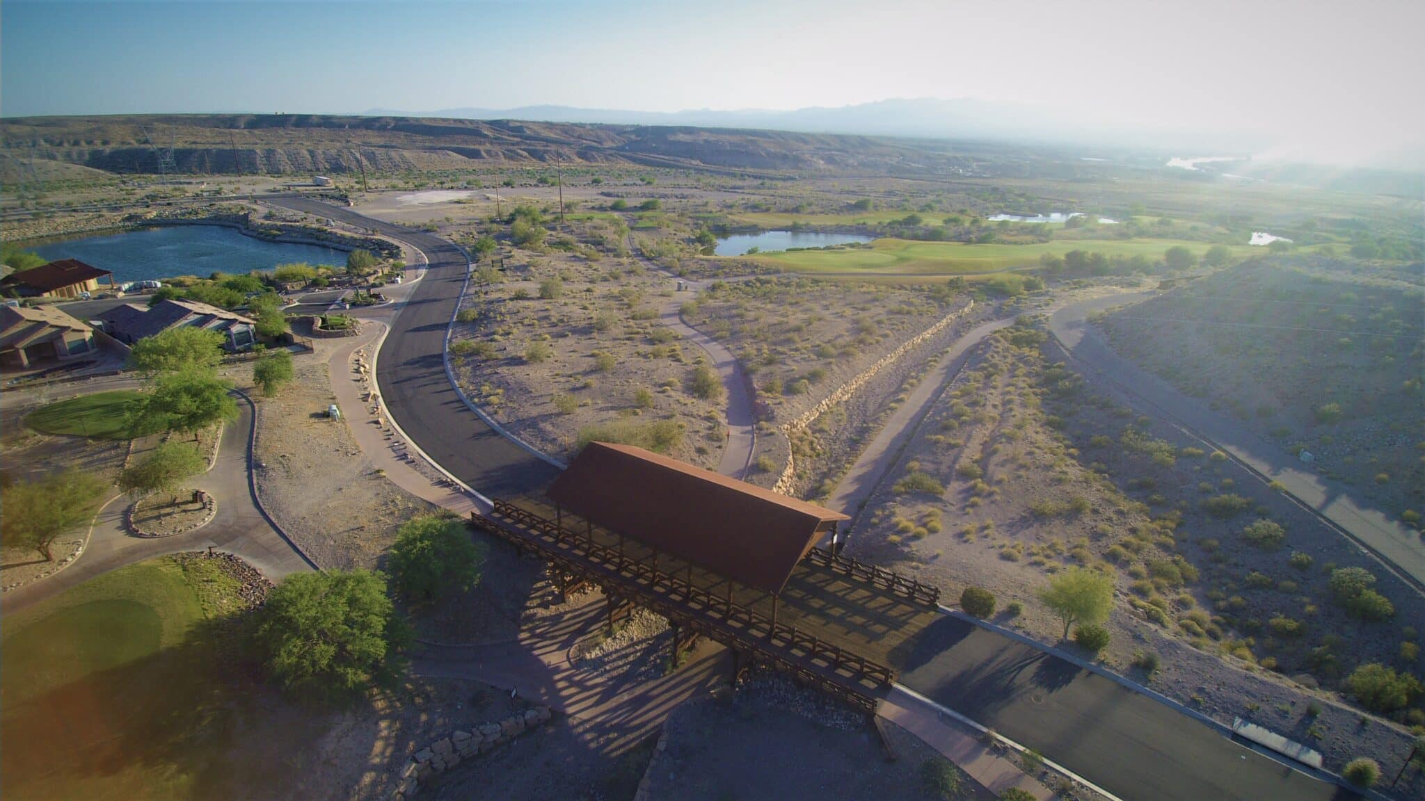 Aerial photograph of the Laughlin Ranch covered vehicular bridge in Bullhead City, AZ Design-built by York Bridge Concepts