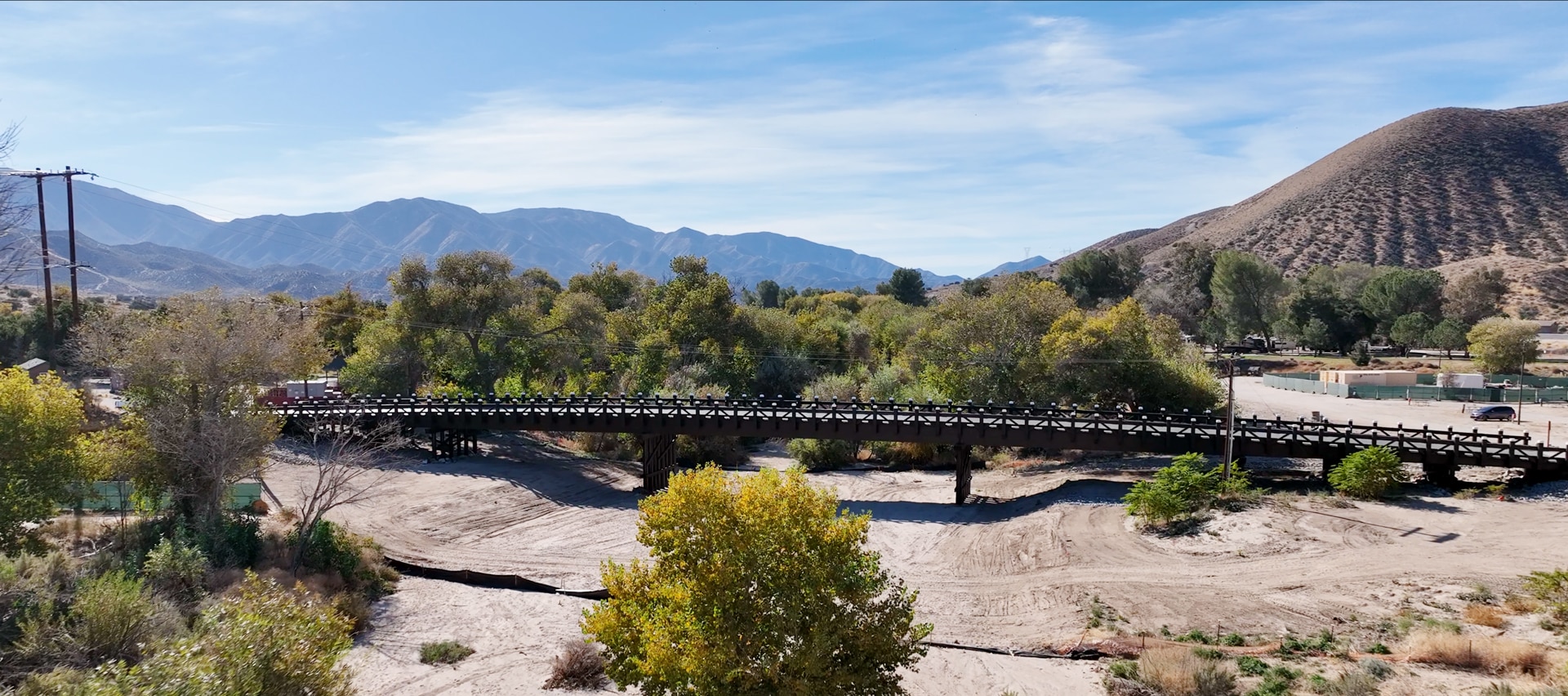 Side profile of Thousand Trails multiple long span vehicular bridge in Acton, CA built by York Bridge Concepts