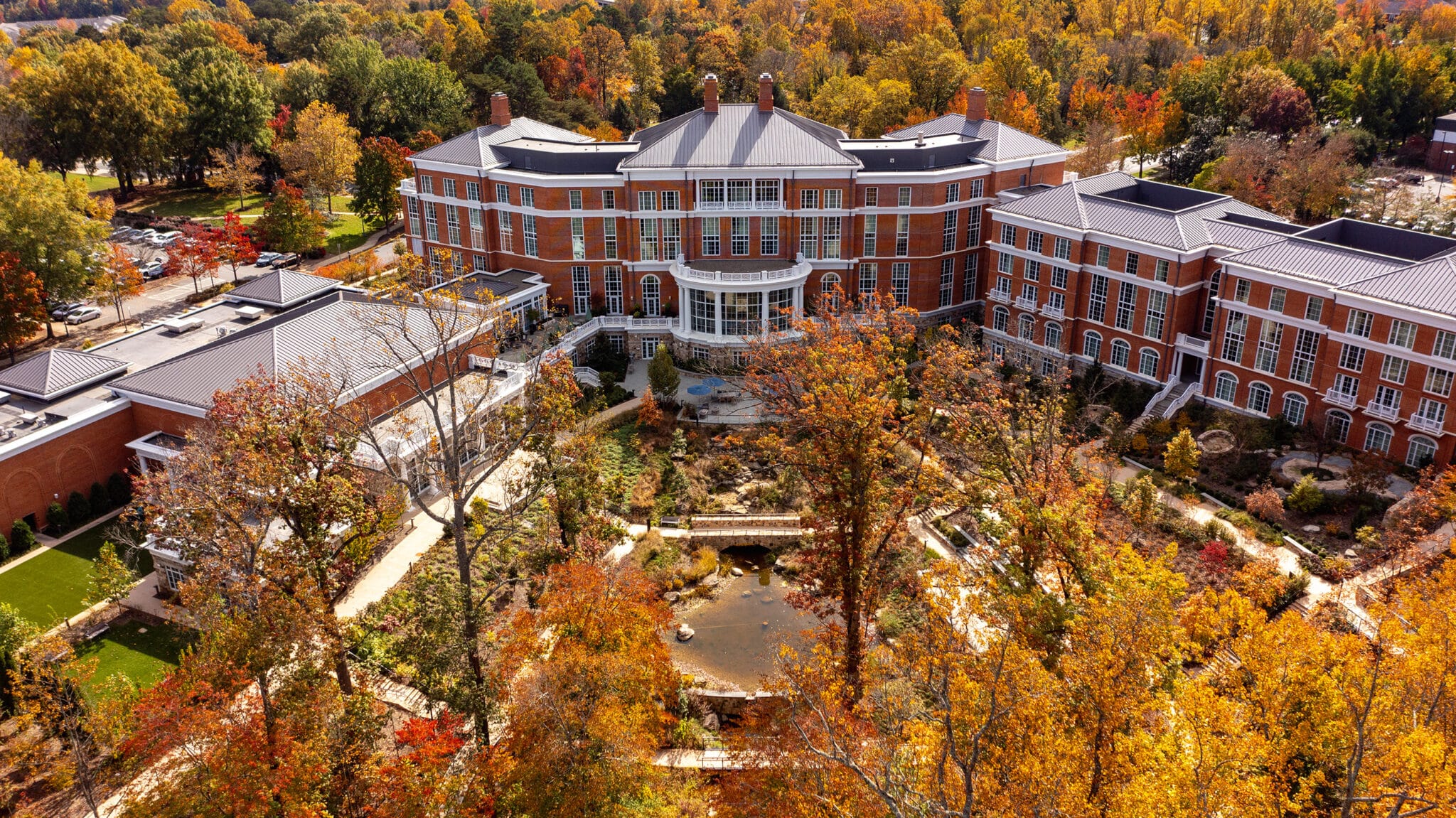 Aerial shot of The Forum Hotel at University of Virginia in Charlottesville, VA