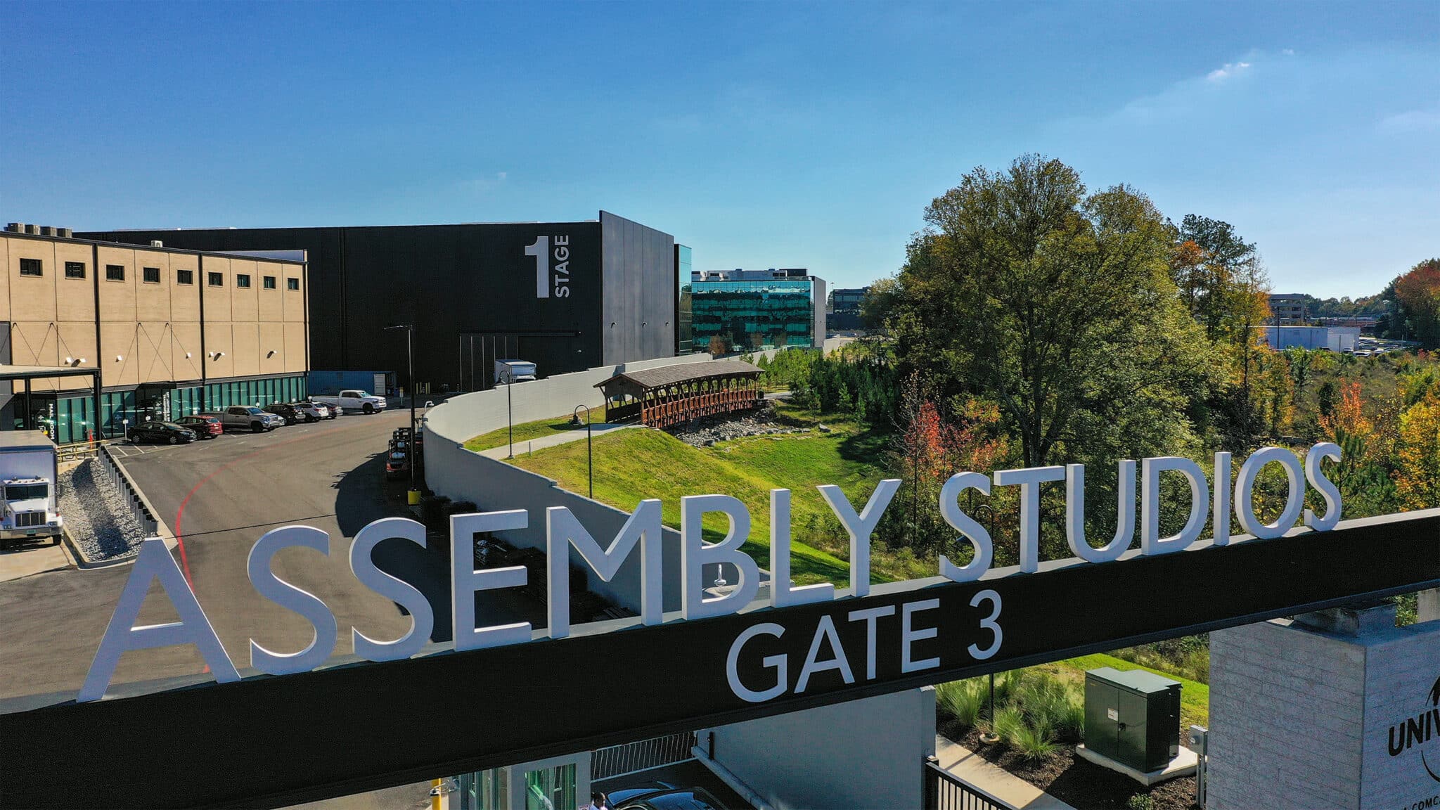 Assembly Studios aerial with bridge and signage in Atlanta