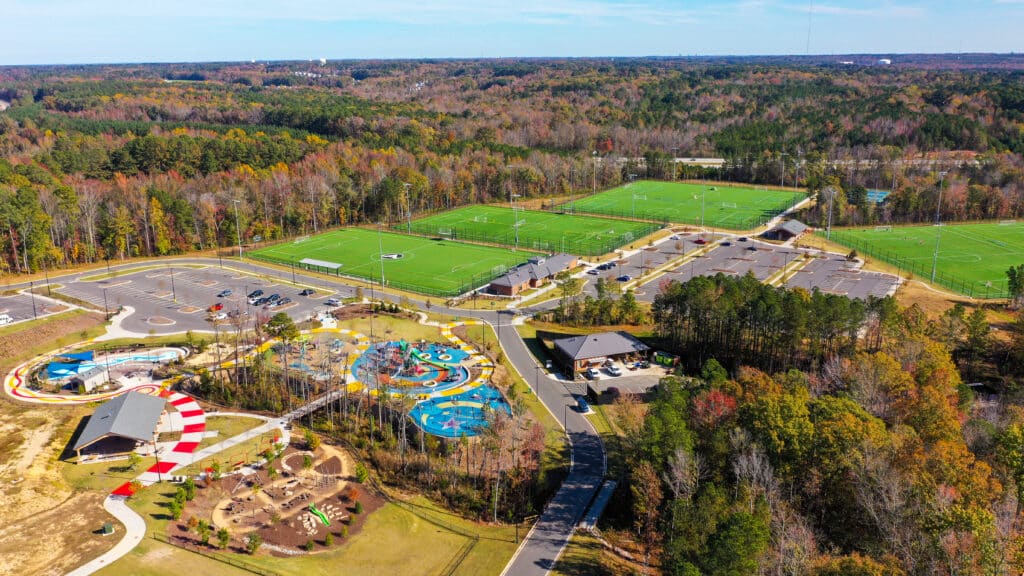 Pleasant Park Aerial with vehicular and pedestrian timber bridges built by York Bridge Concepts in Apex, NC